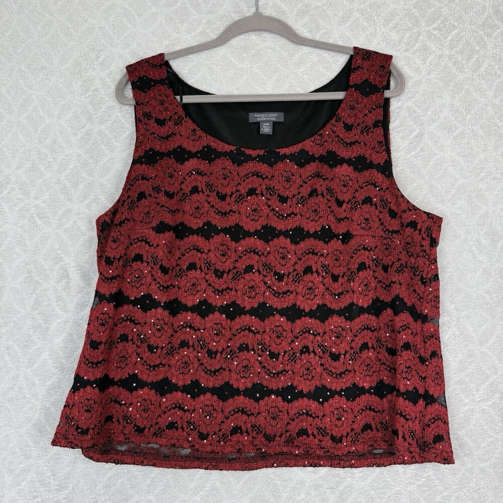 Vtg Lace Overlay Tank Top 22W Red Black Rhinestone Whimsigoth Dark Romantic Y2K